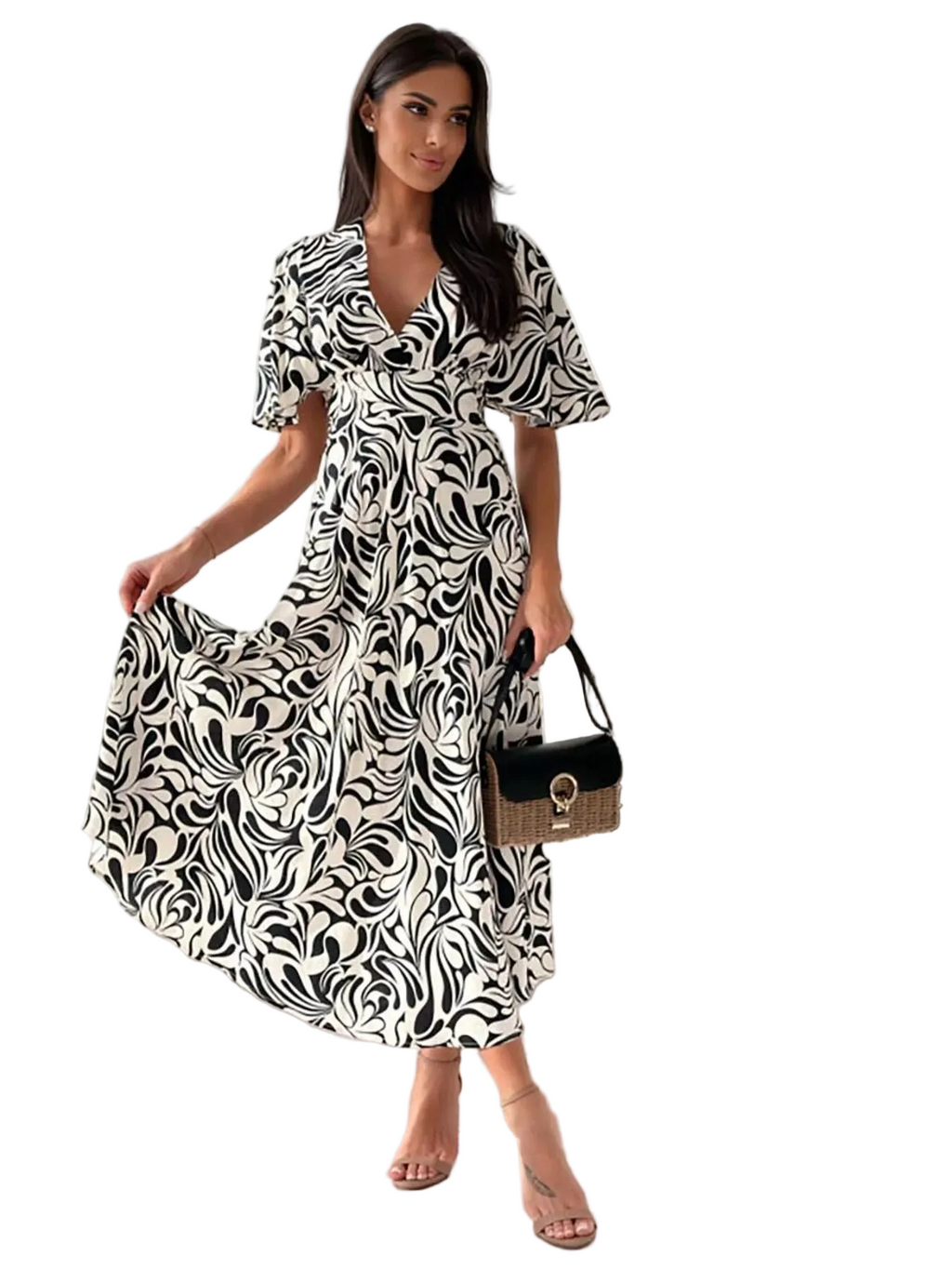 Printed Flutter Sleeve Midi Dress