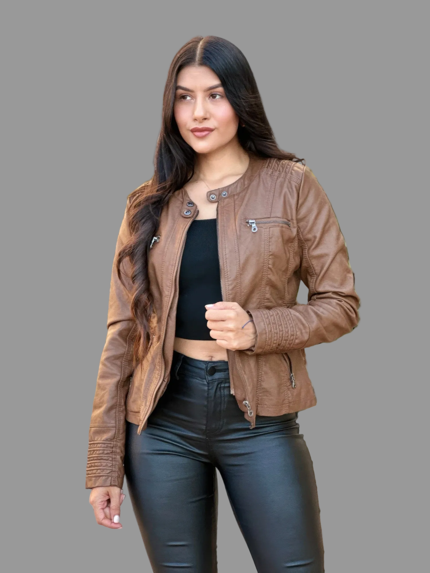 Woman Fashion Hooded Faux Leather Jacket